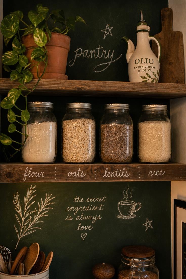11 Stunning Wall Painting Decor Ideas to Refresh Any Room 9 Deep forest green chalkboard paint on kitchen pantry wall with hand-lettered chalk labels and open pine shelving