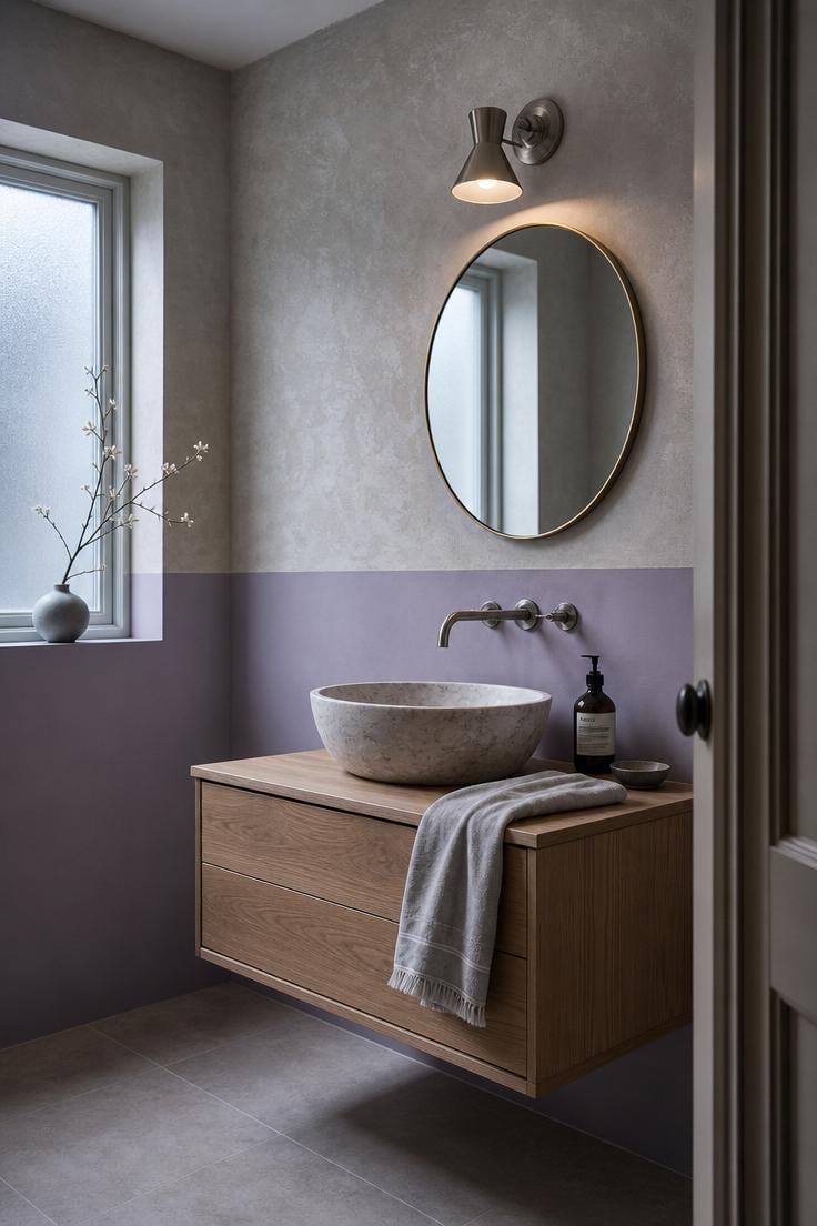 11 Stunning Wall Painting Decor Ideas to Refresh Any Room 10 Muted lavender half-wall with raw plaster finish above in a bathroom with white oak vanity and stone vessel sink