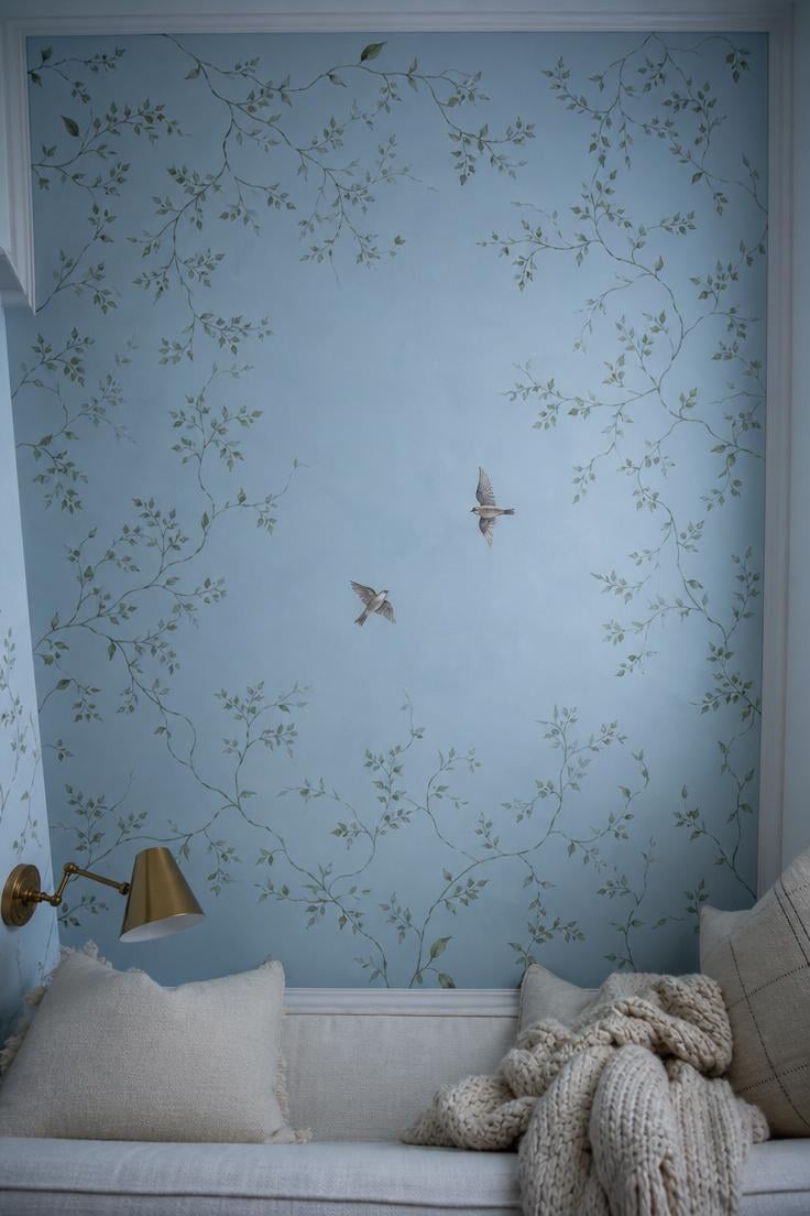 11 Stunning Wall Painting Decor Ideas to Refresh Any Room 11 Painted ceiling mural of trailing vines and small birds on pale sky blue in a cozy reading nook