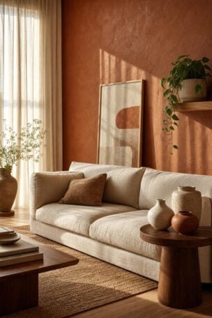 Cozy sunlit living room with warm clay lime plaster accent wall, linen sofa, and stoneware vases in
