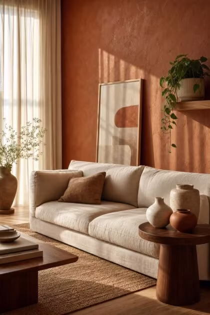 11 Stunning Wall Painting Decor Ideas to Refresh Any Room Cozy sunlit living room with warm clay lime plaster accent wall, linen sofa, and stoneware vases in