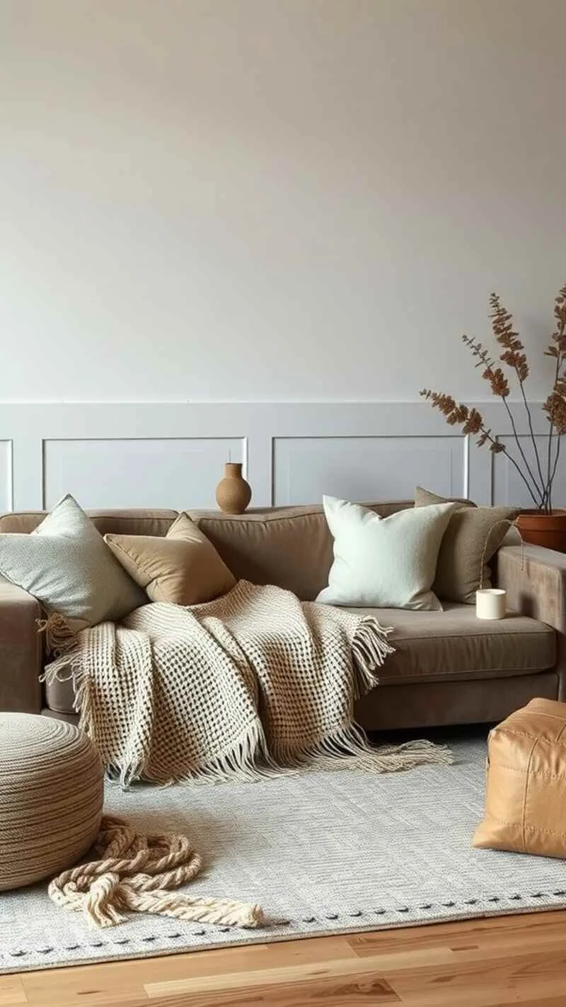 19 Wabi-Sabi Living Room Ideas for a Cozy & Timeless Space 14 A cozy living room with soft textiles, including cushions and blankets, creating a warm atmosphere.