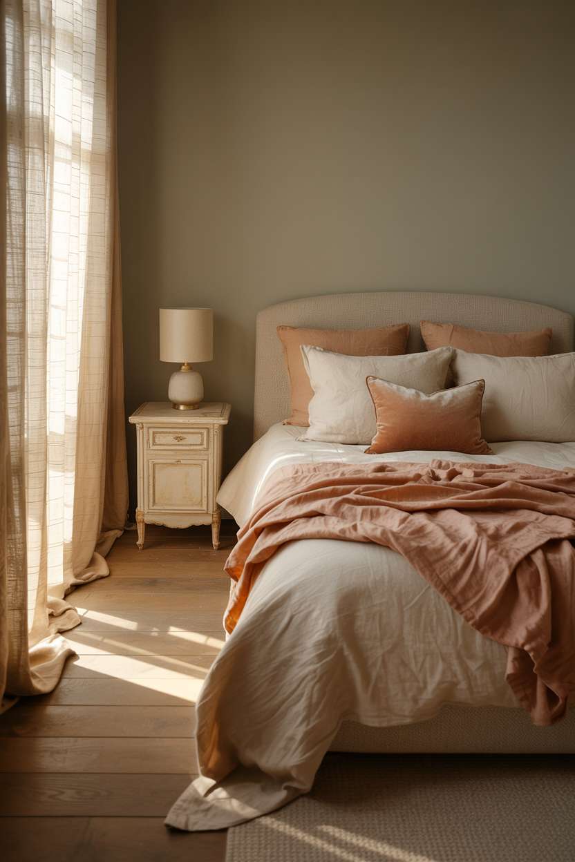 Cozy bedroom with sage green walls, king-sized bed with cream and terracotta linens, and sunlight streaming through sheer curtains