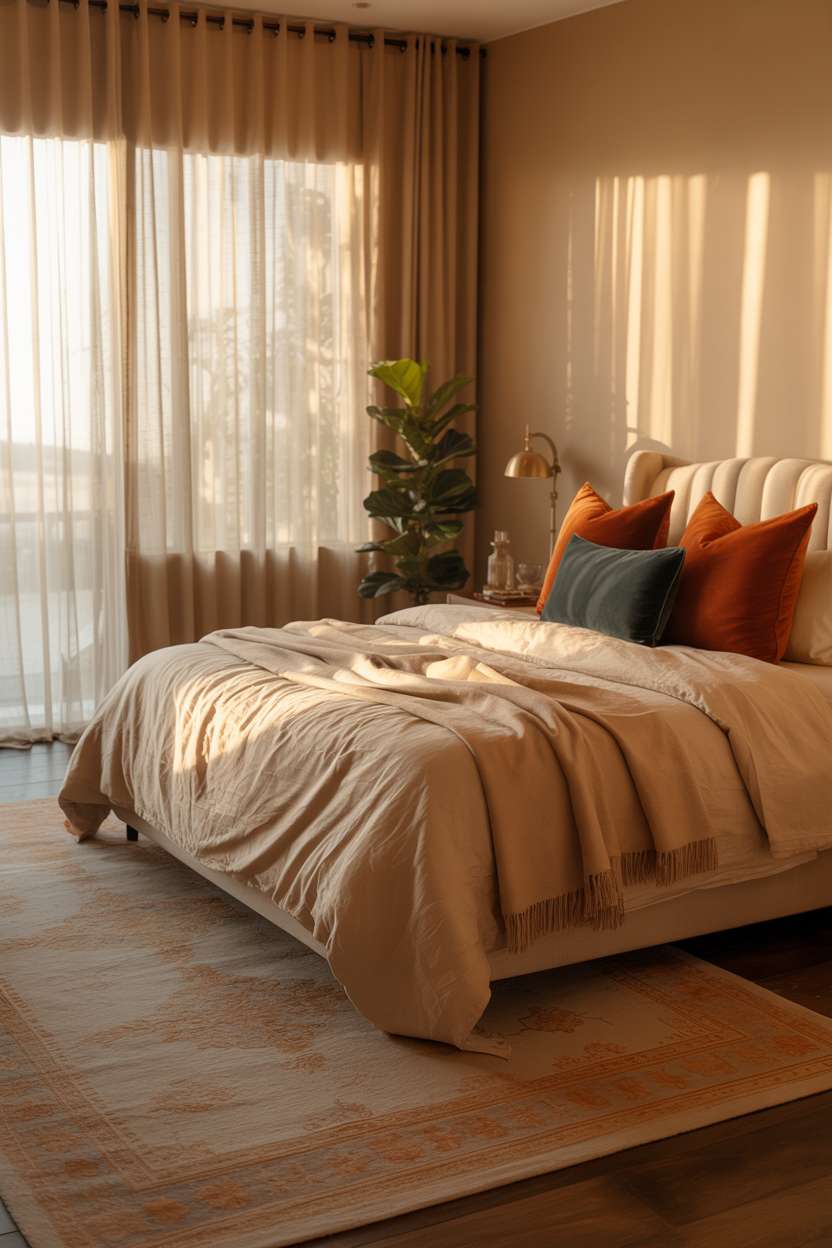 Master bedroom with cream linens, burnt orange and teal velvet pillows, and diffused natural light