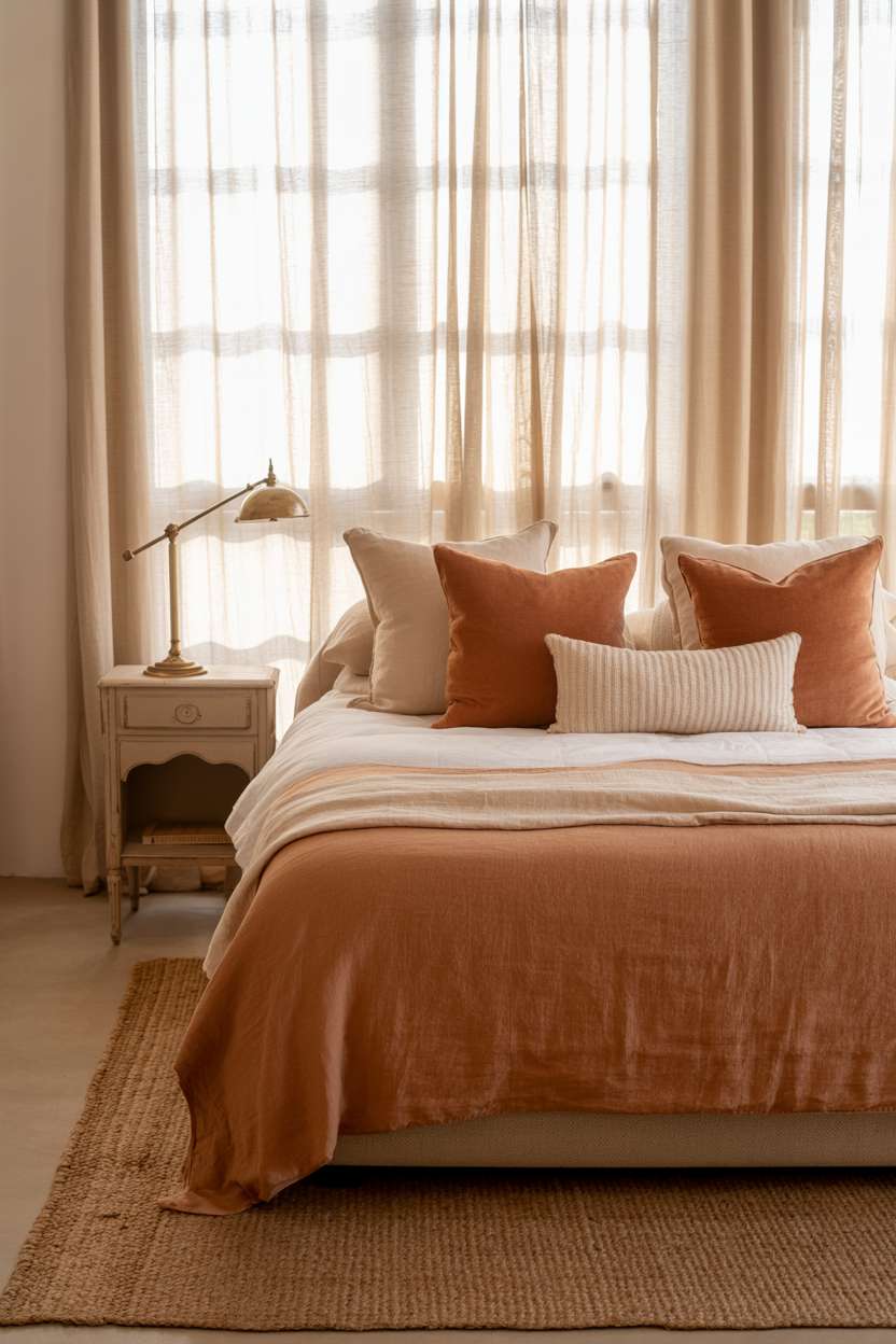 Serene bedroom featuring terracotta duvet, cream throw pillows, and vintage wooden nightstand with brass lamp