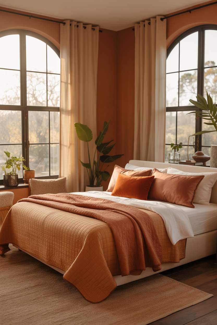 Cozy master bedroom with terracotta walls, ochre and burnt orange textured quilt, and warm afternoon lighting