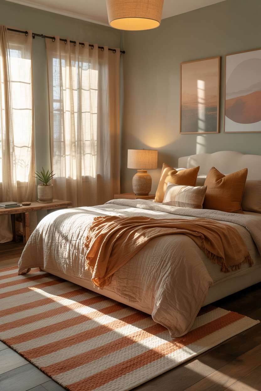Master bedroom with sage walls, gallery wall of abstract landscapes, and terracotta area rug under king-size bed