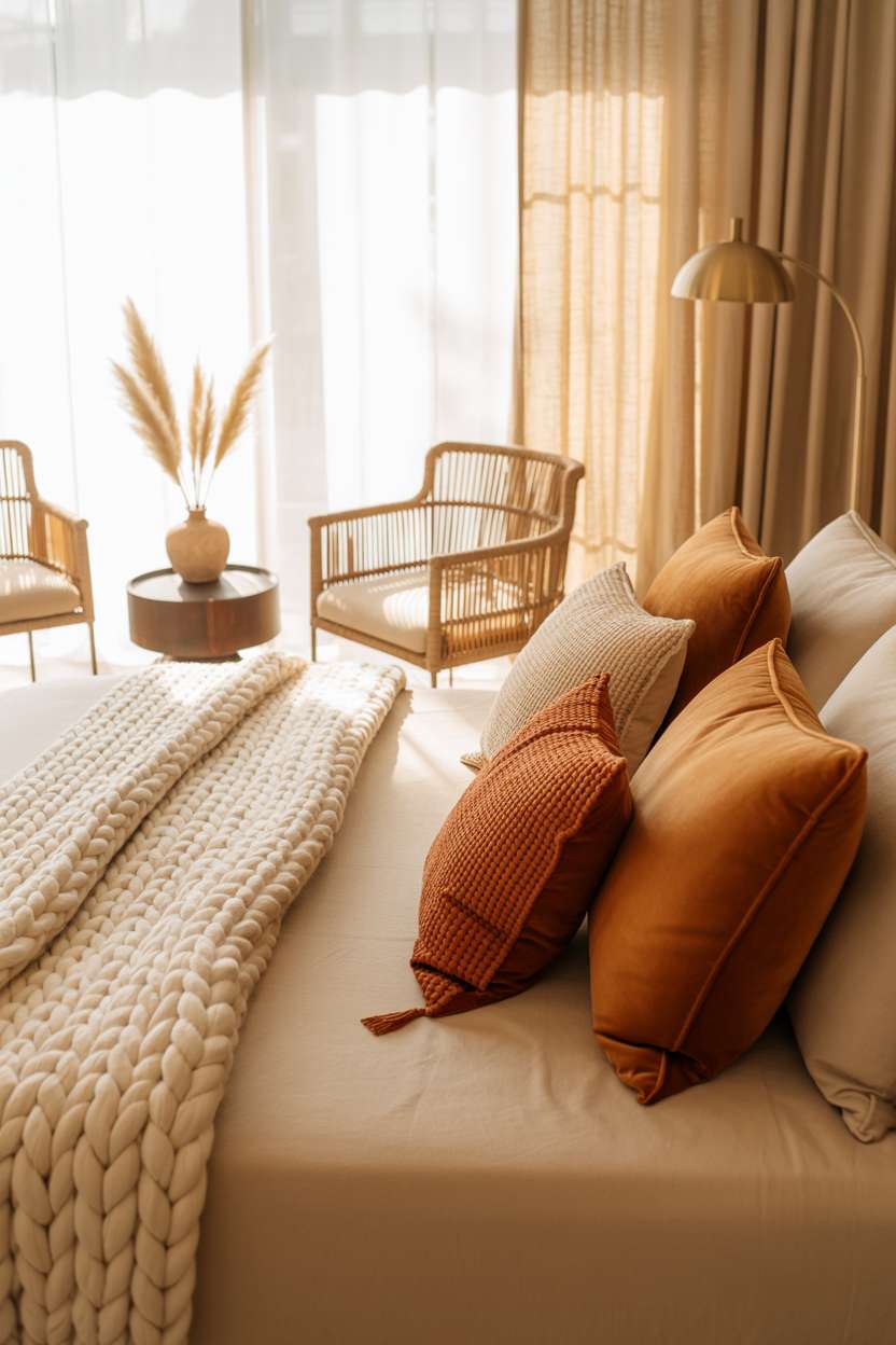 Luxurious bedroom with chunky knit throw, rattan chairs, and ceramic vase filled with dried pampas grass