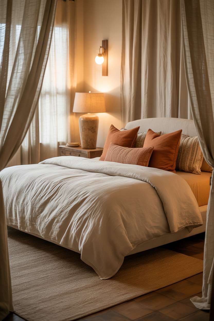 Elegant master bedroom with cream duvet, terracotta pillows, and warm wall sconce lighting