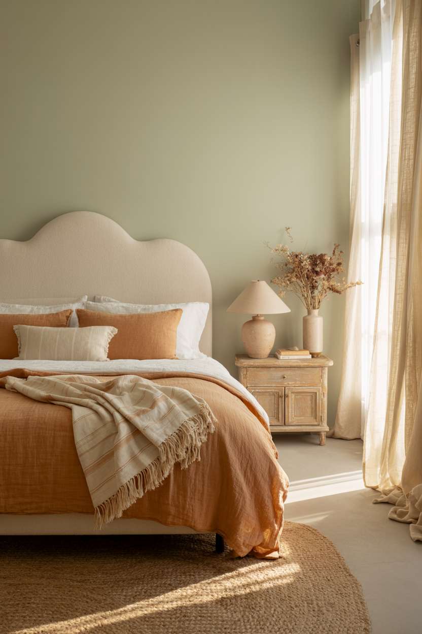 Serene bedroom with oatmeal-colored headboard, sage green walls, and vintage nightstand with dried flowers