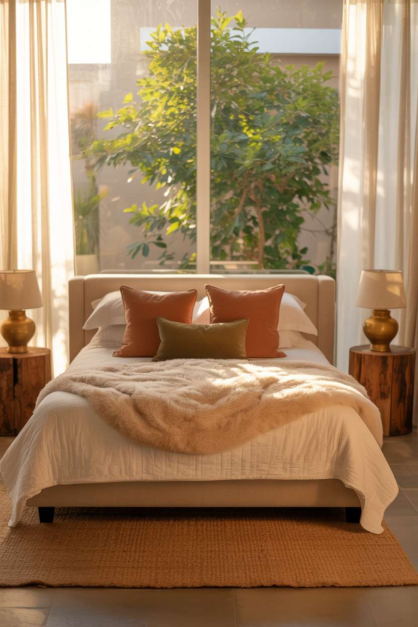 Tranquil bedroom bathed in warm sunlight with cream duvet and terracotta throw pillows