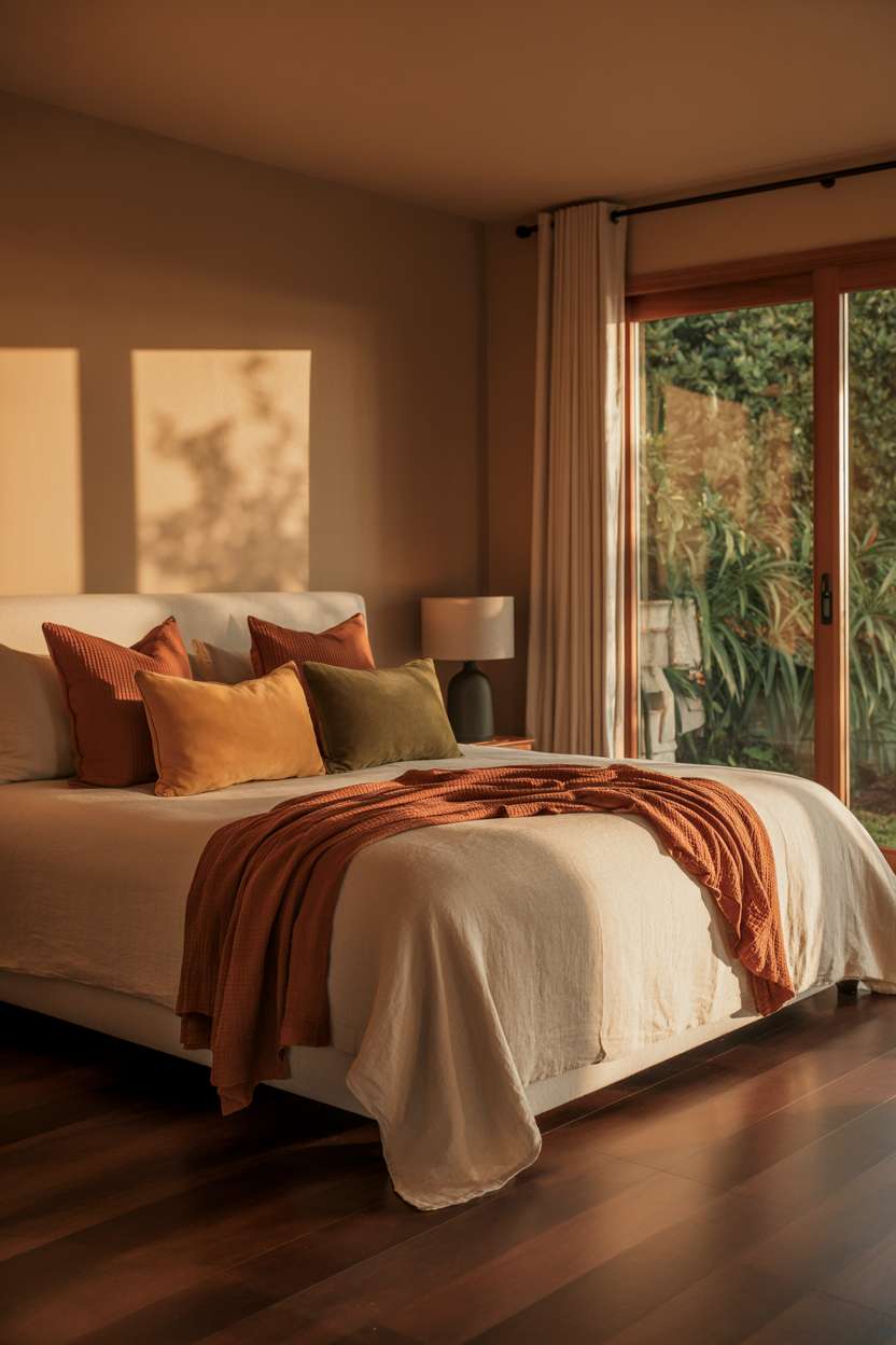 Minimalist bedroom with cream linen duvet, colorful throw pillows, and large window overlooking lush garden
