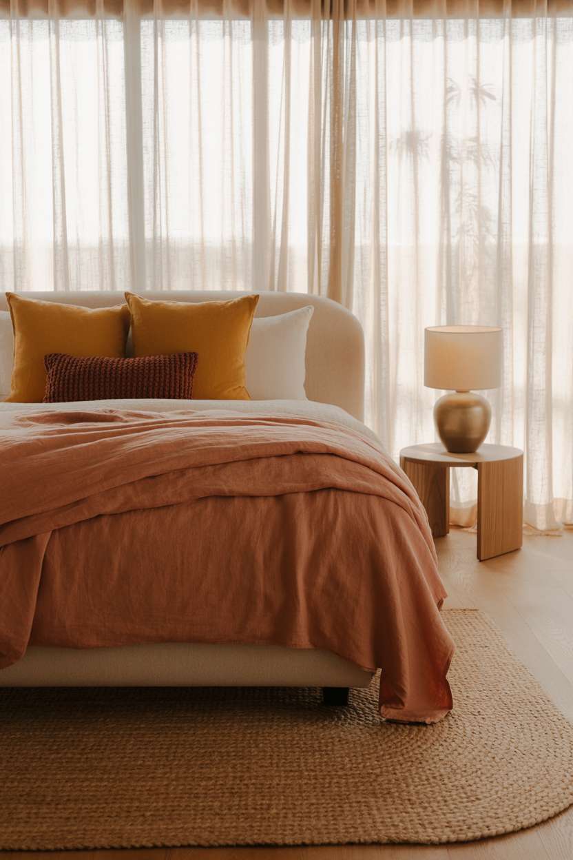 Cozy bedroom with large woven rug, minimalist wooden nightstand, and warm mustard yellow accents