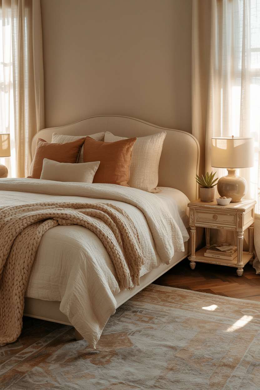 Inviting bedroom with textured cream duvet, chunky knit throw, and warm greige walls