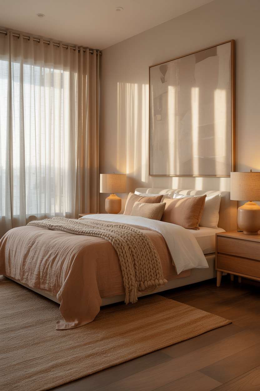 Spacious master bedroom with large abstract painting, chunky knit blanket, and minimalist ceramic lamps