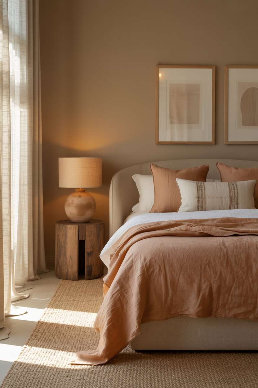 Calming bedroom with taupe walls, natural wood-framed artwork, and amber-glowing ceramic lamp