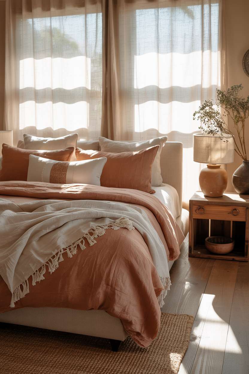 Inviting bedroom with terracotta and cream bedding, rustic nightstand, and dried flower arrangement