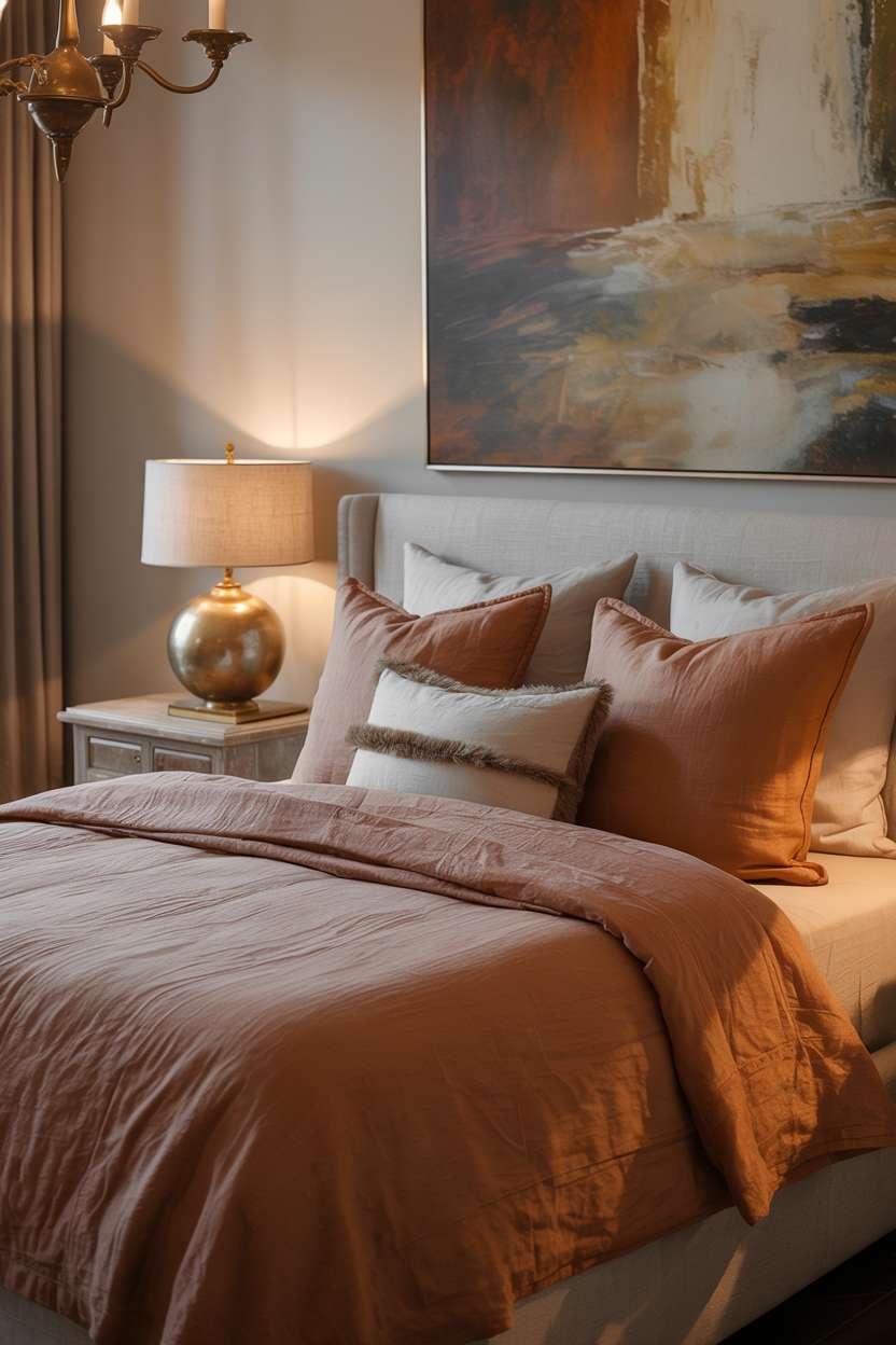 Luxurious bedroom with deep terracotta bedding, faux fur throw, and vintage brass lamp