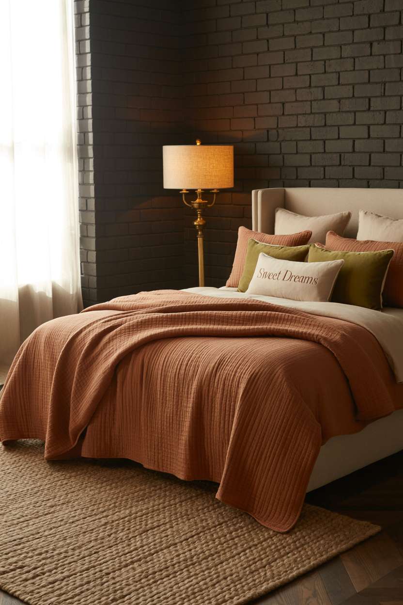 Warm bedroom with exposed brick wall, geometric wool rug, and vintage brass floor lamp with linen shade