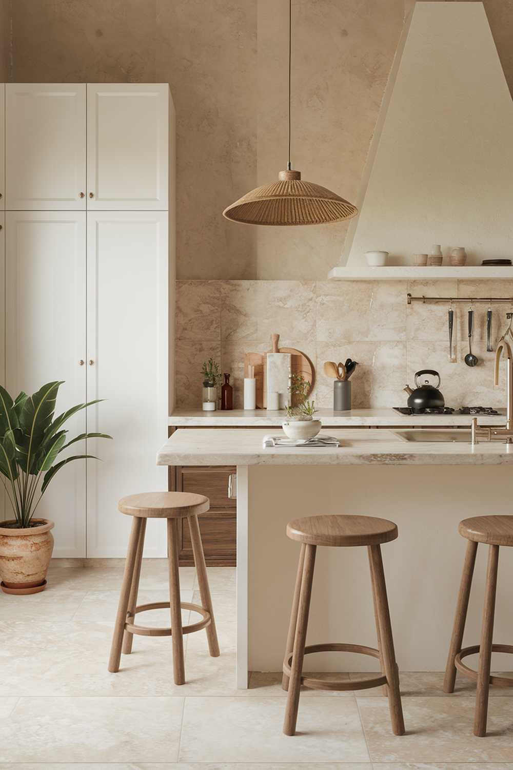 A warm minimalist kitchen design and decor. The kitchen has a white island with a marble countertop and a few stools. There is a white cabinet on the left wall. A potted plant is placed near the cabinet. The backsplash is a beige material with a textured pattern. There is a black kettle and a few utensils on the counter. The floor is tiled in a beige and white pattern.