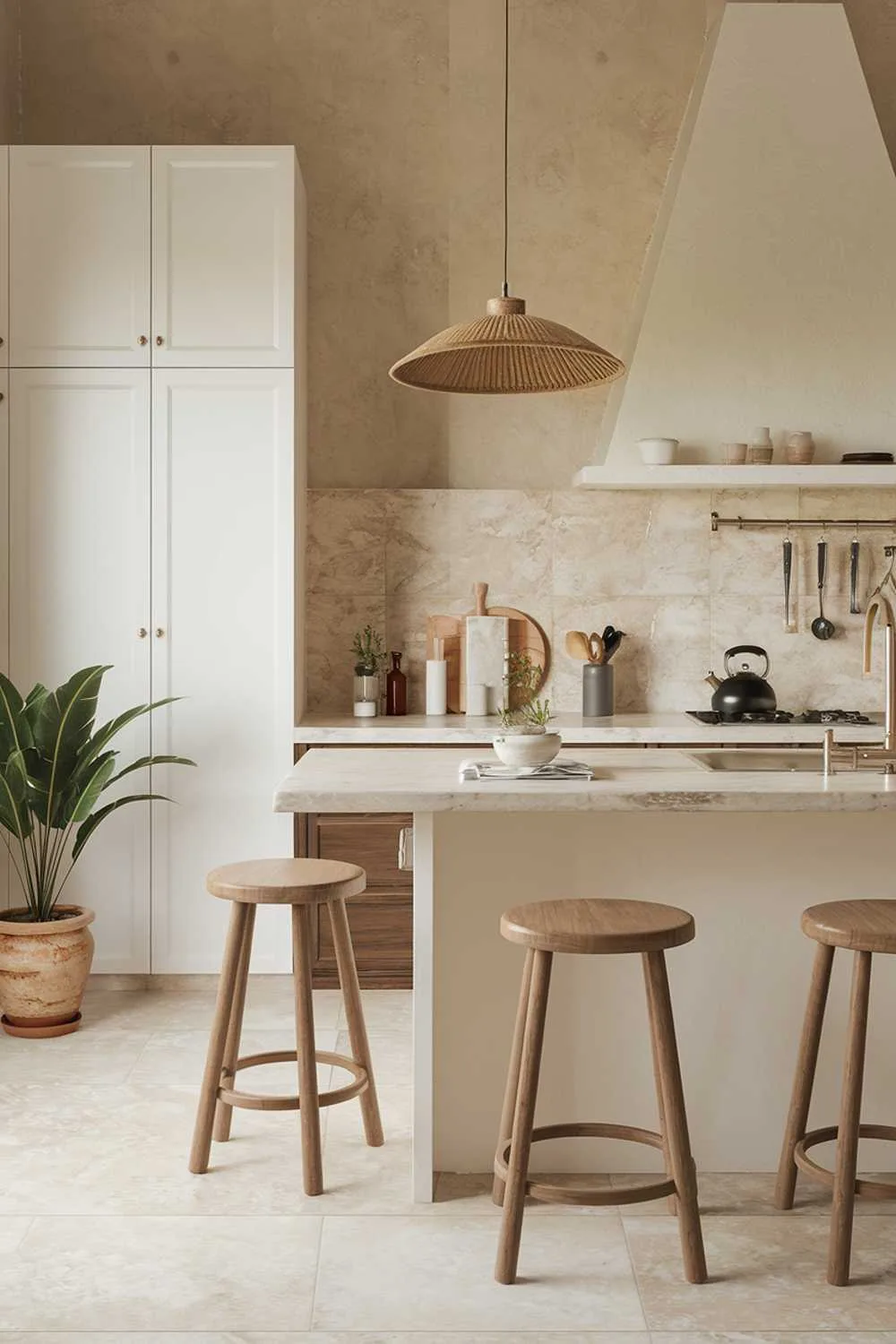 19 Warm Minimalist Kitchen Ideas to Create a Cozy Space 1 A warm minimalist kitchen design and decor. The kitchen has a white island with a marble countertop and a few stools. There is a white cabinet on the left wall. A potted plant is placed near the cabinet. The backsplash is a beige material with a textured pattern. There is a black kettle and a few utensils on the counter. The floor is tiled in a beige and white pattern.