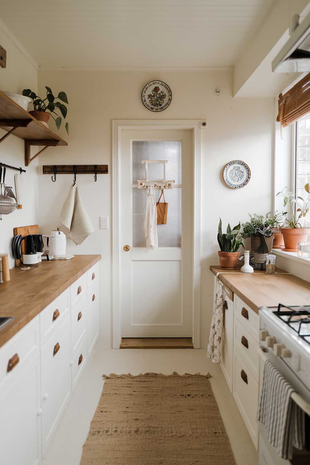 A warm minimalist kitchen design and decor. The kitchen has a white color scheme with wooden accents. There is a beige area rug on the floor. There is a wooden shelf above the door. There are potted plants near the window. The walls have a few hooks and a decorative plate.