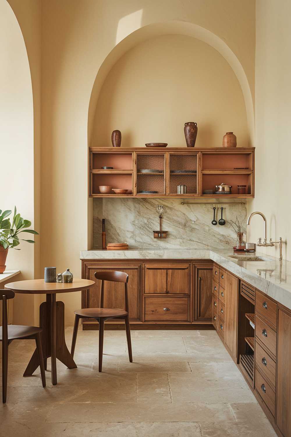 A warm minimalist kitchen with a highly detailed design and decor. The kitchen features wooden cabinets, a marble countertop, and a stainless steel sink. There is a round wooden table with two chairs near the cabinets. The floor is made of beige tiles. The walls are painted in a soft beige colour. There is a potted plant near the window.