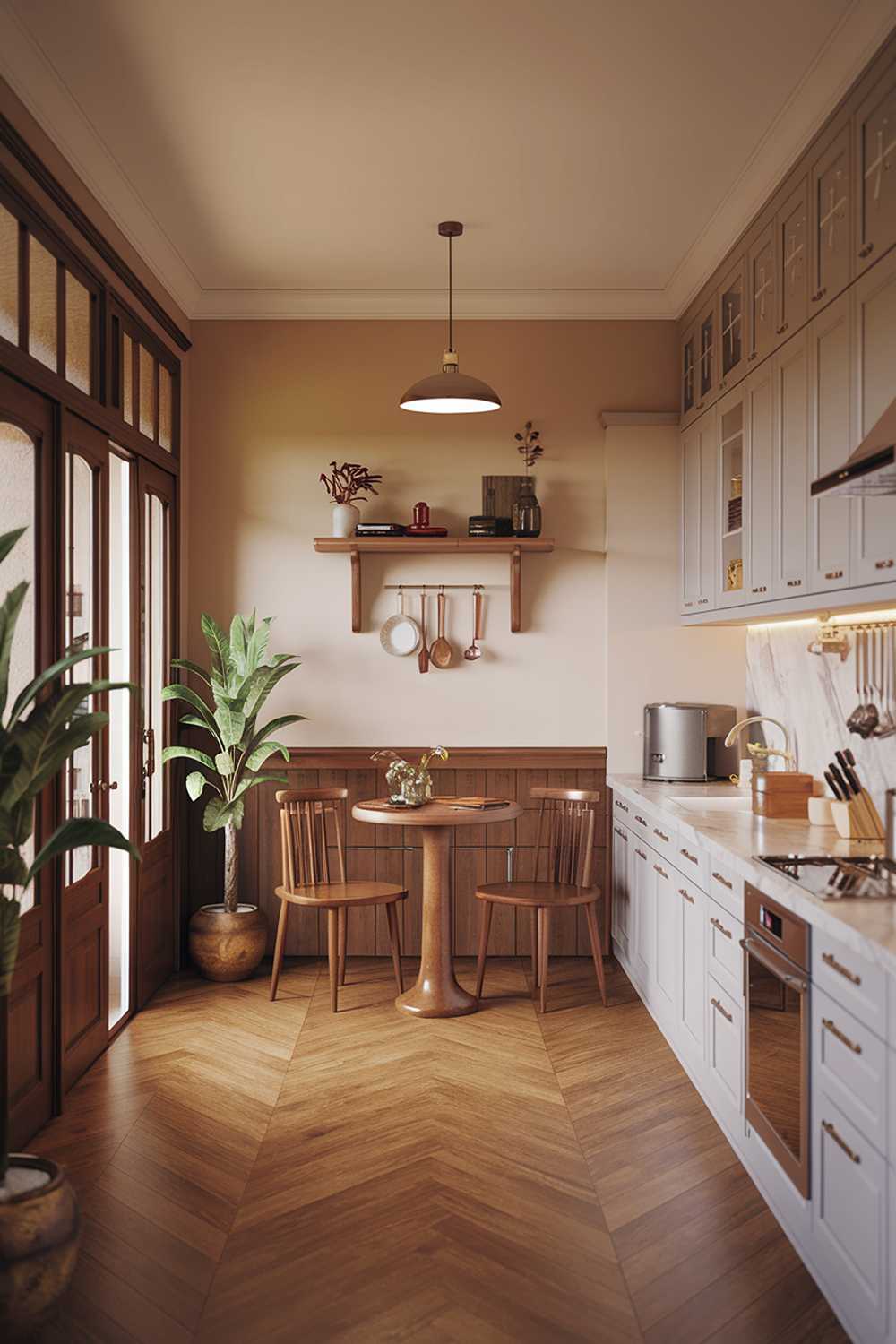 A warm minimalist kitchen design. The kitchen has a wooden floor, white cabinets, and a marble countertop. There is a wooden table in the corner with two chairs. The wall has a shelf with some decorative items. There are potted plants near the window and the door. The lighting is warm.