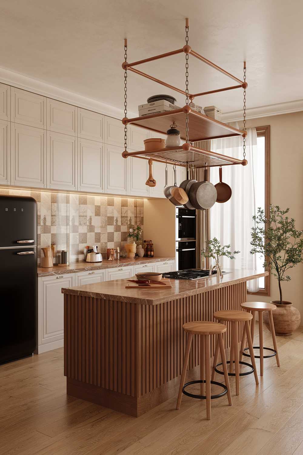 A warm minimalist kitchen design with a stylish touch. The kitchen has a wooden island with a marble countertop and a few stools. There's a white cabinet with a few pots and pans hanging above the island. The backsplash has a beige and grey pattern. There's a black refrigerator on the left wall. A potted plant is placed near the window. The floor is made of light wood.