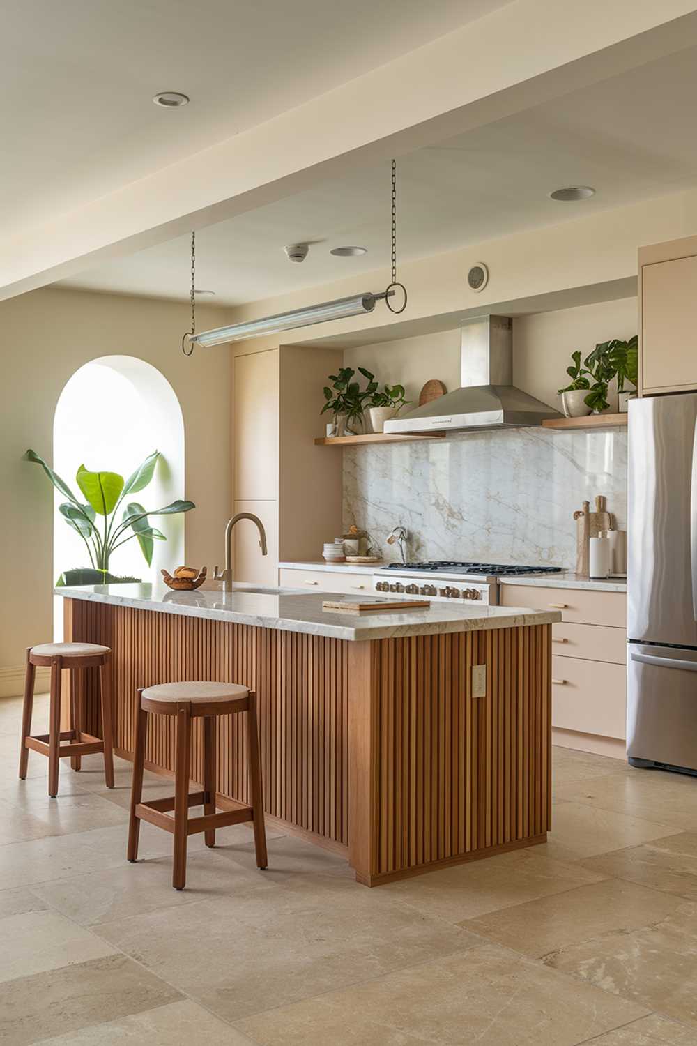 A warm minimalist kitchen design and decor. The kitchen has a wooden island with a marble counter and a few stools. There are stainless steel appliances and a few potted plants. The walls and cabinets are painted white, and the floor is made of large beige tiles.