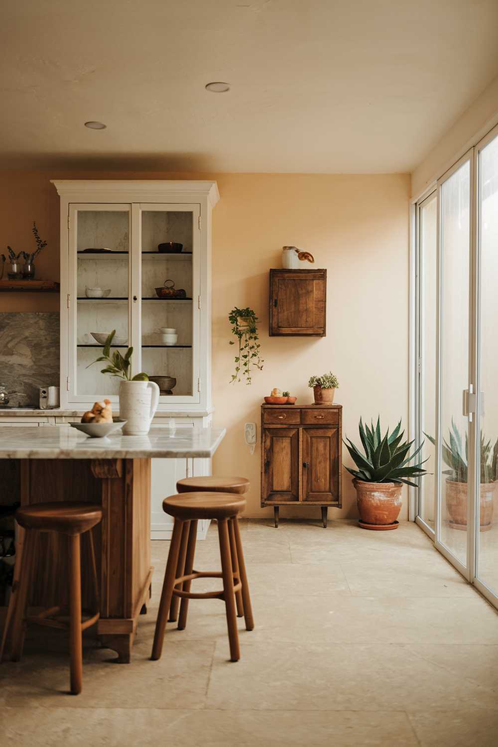 A warm minimalist kitchen with a stylish design. The kitchen features a wooden island with a marble countertop and a few stools. There's a white cabinet with glass doors on one side. A wall-mounted wooden cabinet and a few potted plants are placed near the glass door. The floor is covered with beige tiles. The lighting is soft.