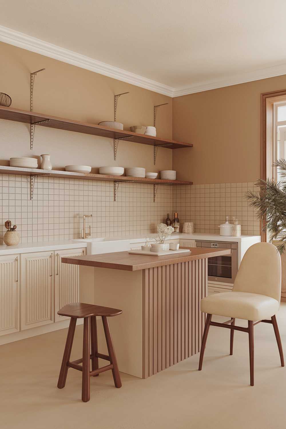 A warm minimalist kitchen design and decor. The kitchen has a beige and white color scheme with wooden elements. There is a beige wall with wooden shelves and a white backsplash with beige tiles. The countertops are white. There is a beige island with a wooden top and a white sink. The cabinets are white. There is a beige chair and a wooden stool. The floor is beige. There is a potted plant near the window. The lighting is warm.