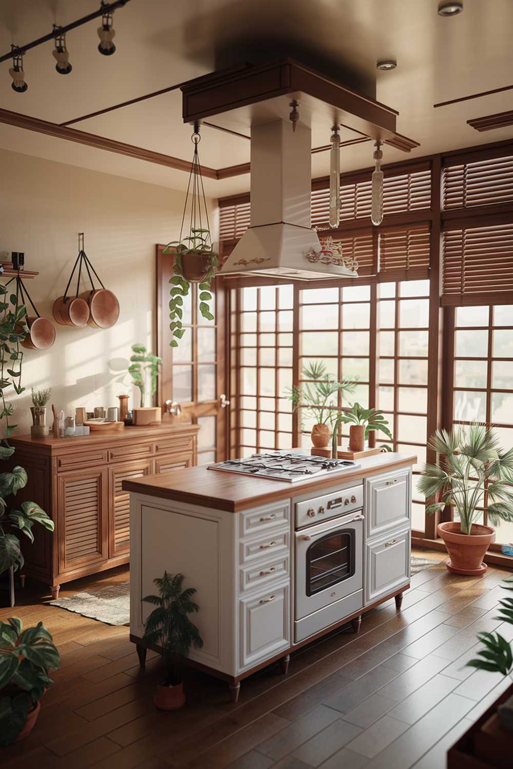 A warm minimalist kitchen design and decor. The kitchen has a wooden floor and features a white kitchen island with a built-in stove and a wooden countertop. There's a wooden cabinet with a few items on top of it, next to the island. The wall behind the island has a few hanging pots. The room has a large window with wooden blinds, letting in natural light. The window has a small plant. There are potted plants near the door and on the floor. The ceiling has a few lights.