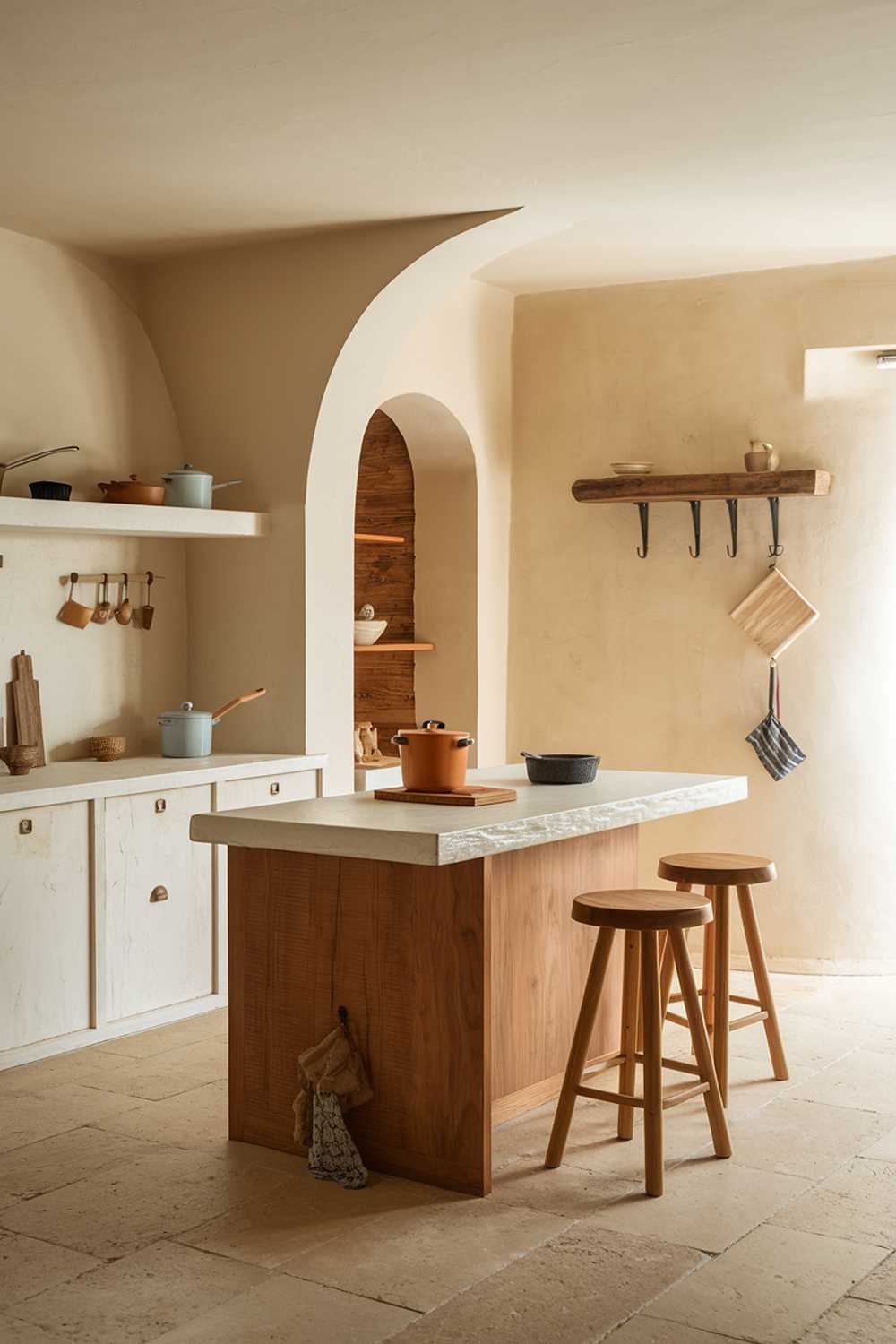 A warm minimalist kitchen design. The room has a beige and white color scheme, with wooden elements. There's a wooden island in the middle of the room, with a white countertop and a few stools. On the left, there's a white cabinet with a few pots and pans. On the right, there's a beige wall with a few hooks and a wooden shelf. The floor is made of beige tiles.