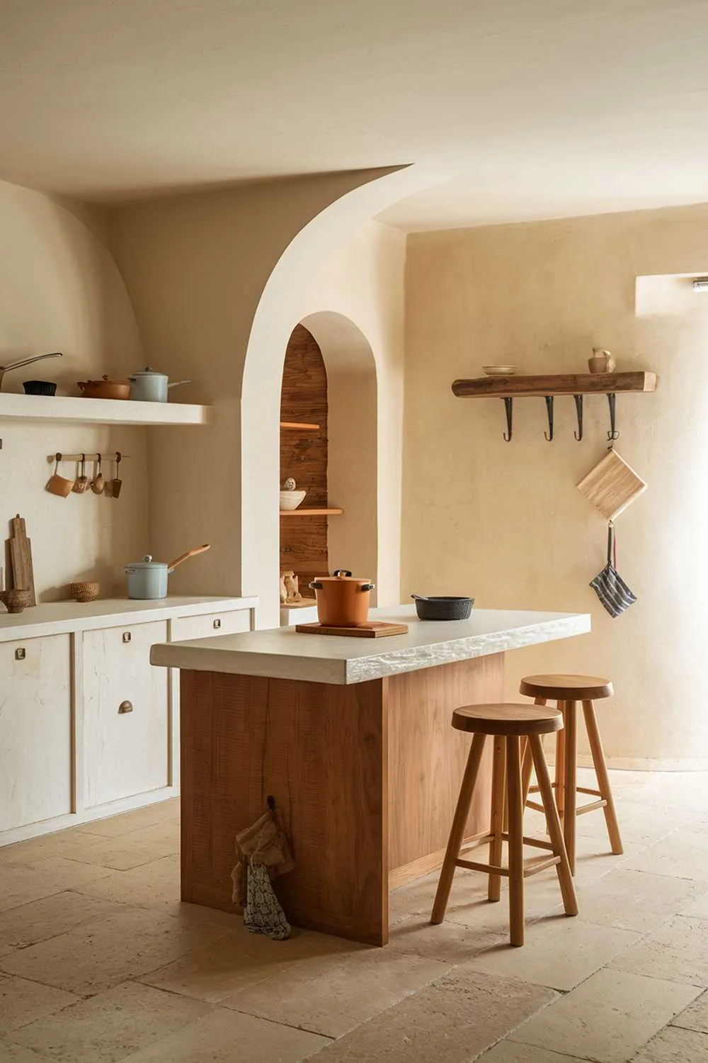 19 Warm Minimalist Kitchen Ideas to Create a Cozy Space 10 A warm minimalist kitchen design. The room has a beige and white color scheme, with wooden elements. There's a wooden island in the middle of the room, with a white countertop and a few stools. On the left, there's a white cabinet with a few pots and pans. On the right, there's a beige wall with a few hooks and a wooden shelf. The floor is made of beige tiles.