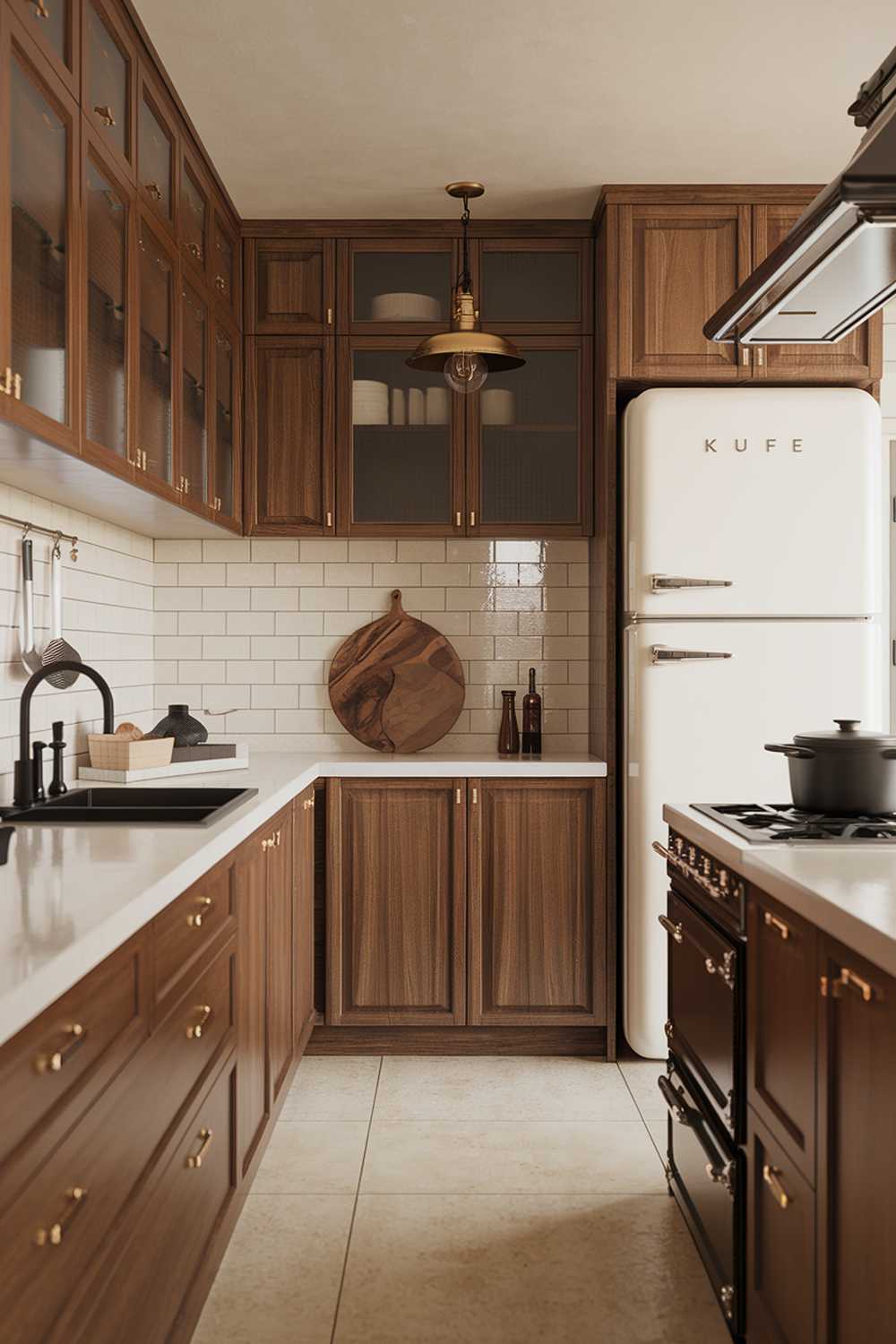 A warm minimalist kitchen design and decor. The kitchen has wooden cabinets, a white countertop, and a black sink. There's a white refrigerator and a black stove. A wooden cutting board and a black pot are placed on the countertop. A brass light fixture hangs above the sink. The floor is made of beige tiles.