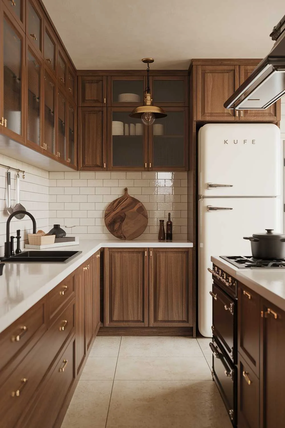 19 Warm Minimalist Kitchen Ideas to Create a Cozy Space 11 A warm minimalist kitchen design and decor. The kitchen has wooden cabinets, a white countertop, and a black sink. There's a white refrigerator and a black stove. A wooden cutting board and a black pot are placed on the countertop. A brass light fixture hangs above the sink. The floor is made of beige tiles.