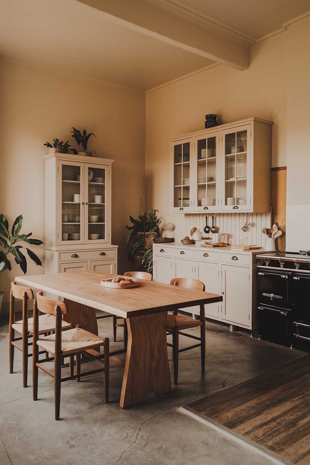 A warm minimalist kitchen with a stylish design. The room contains a large wooden table with four chairs, a white cabinet with glass doors, and a black stove. The floor is made of grey concrete. There is a potted plant near the cabinet. The walls are painted beige.