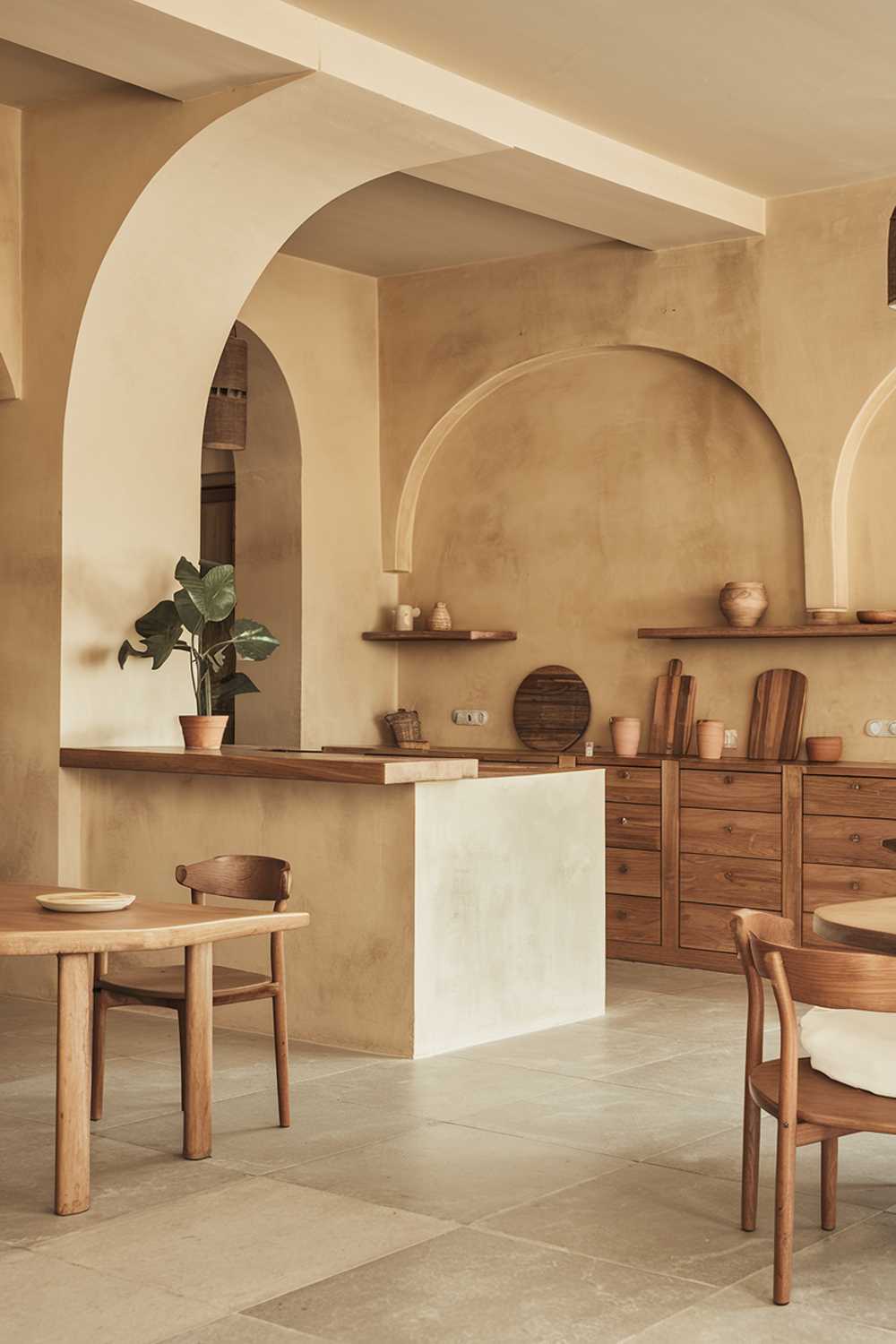 A warm minimalist kitchen with a stylish design. The kitchen has a beige and wooden theme, with a beige island and cabinets, and wooden countertops and furniture. There is a single potted plant on the wooden countertop. The room has a few pieces of furniture, including a chair and a table. The floor is tiled.