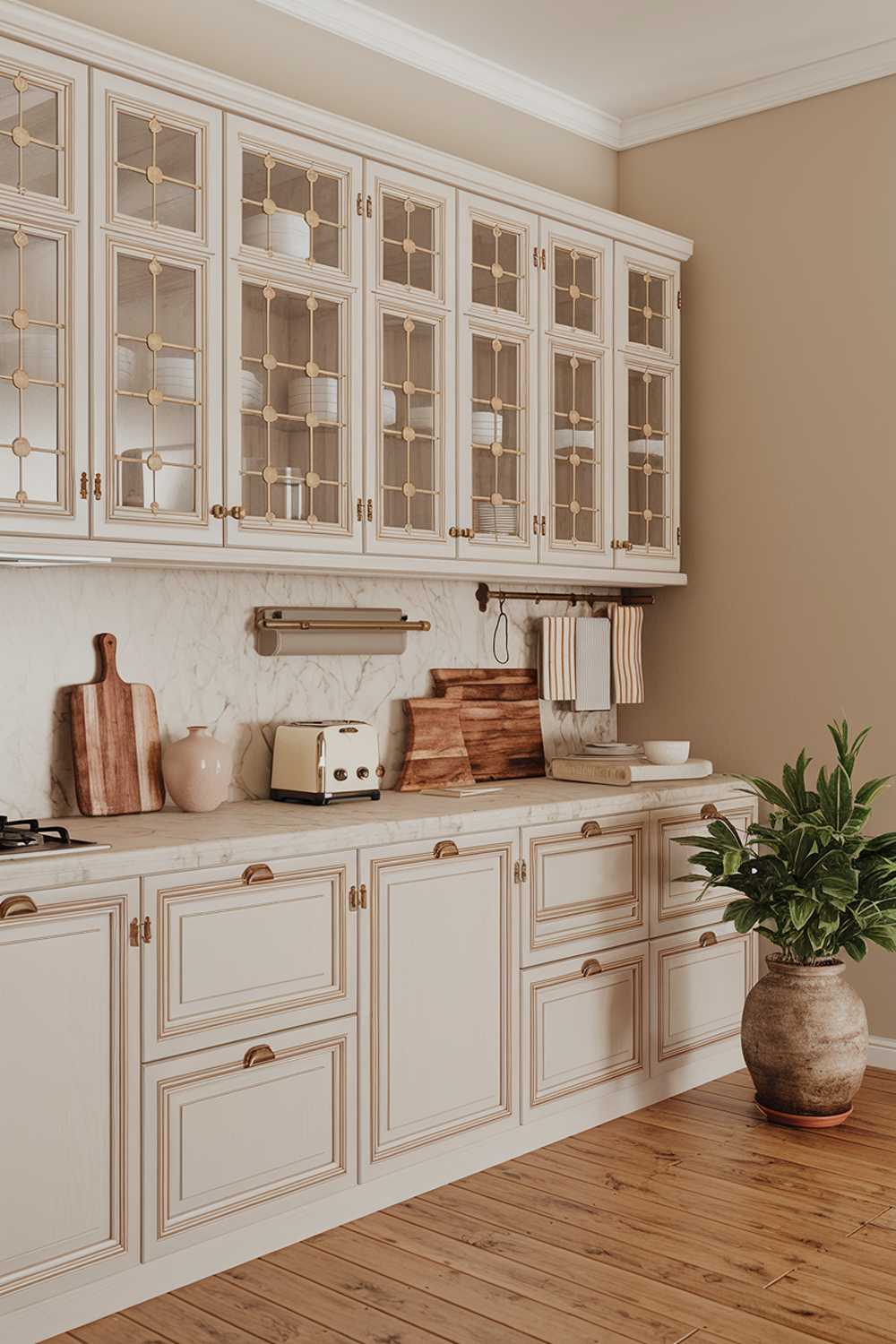 A warm minimalist kitchen design and decor. The kitchen has a wooden floor and white cabinets with brass hardware. There is a marble countertop with a toaster, a vase, and a wooden cutting board. A potted plant sits on the floor. The walls are painted beige.