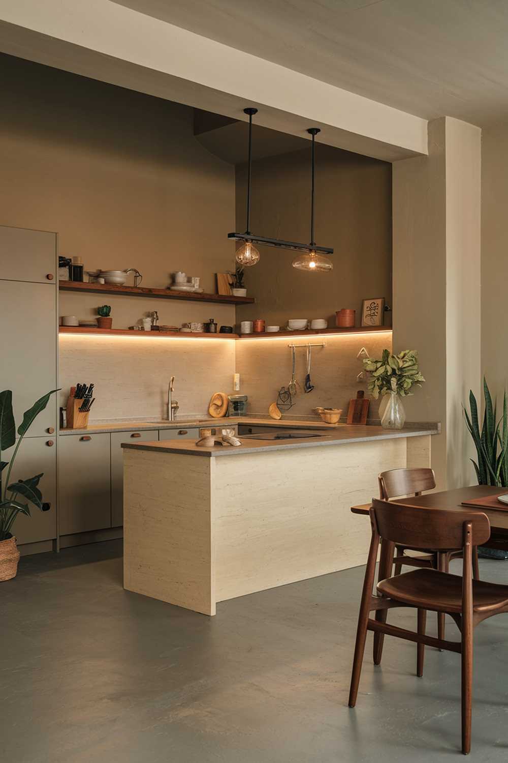 A warm minimalist kitchen design and decor. The kitchen features a beige and grey color scheme with wooden accents. There is a beige island with a grey countertop, grey cabinets, and a beige backsplash. The walls and floor are grey. There is a wooden dining table and chairs near the island. There are potted plants near the wall. The lighting is warm.