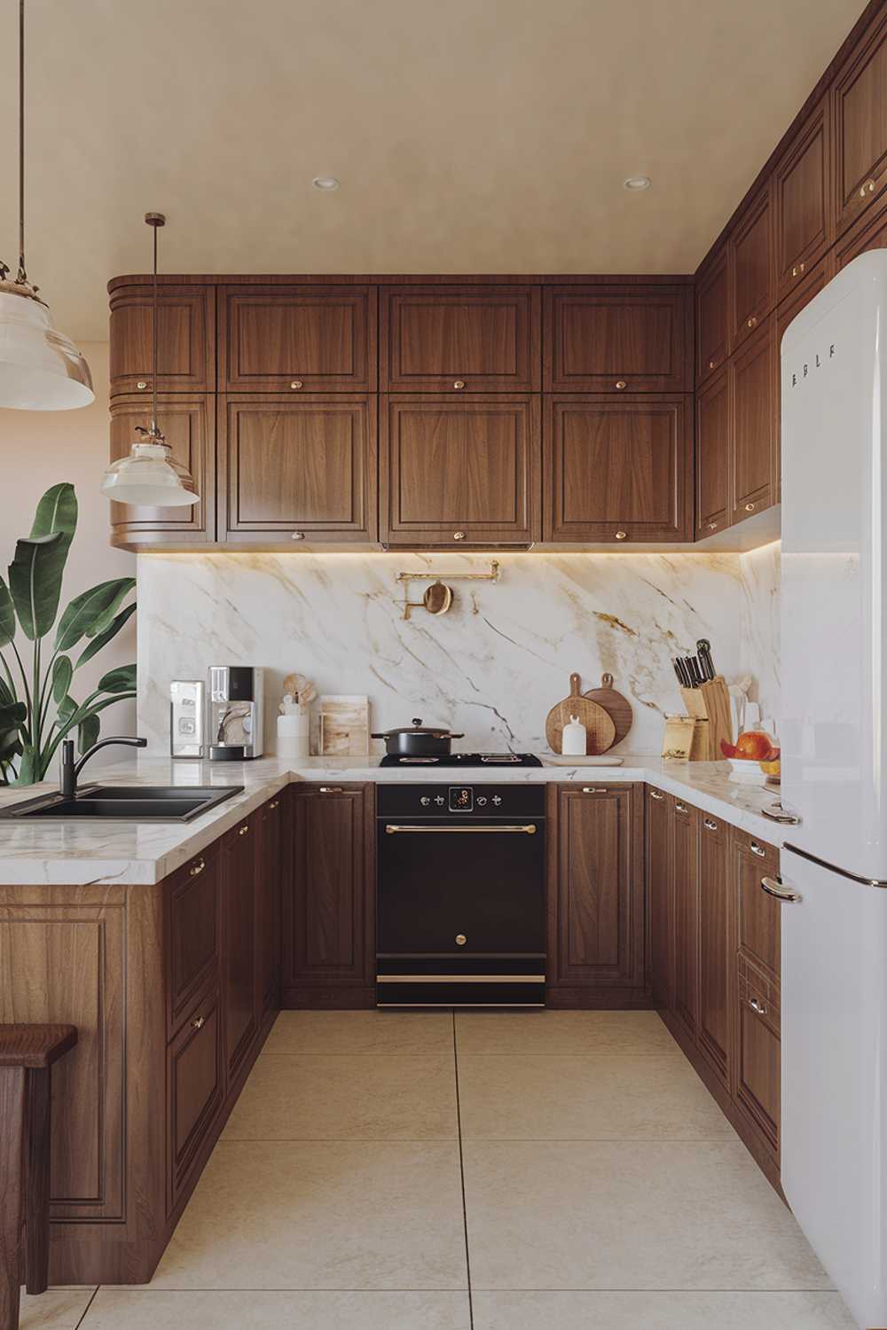 A warm minimalist kitchen with a warm touch. The kitchen has wooden cabinets, a marble countertop, and a white backsplash. There is a black stove and a white refrigerator. A potted plant adds a touch of greenery. The floor is made of beige tiles. The lighting is soft.