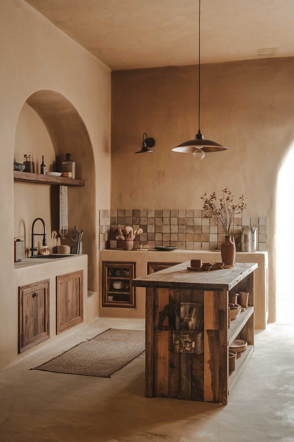 A warm minimalist kitchen. The kitchen has a warm touch with the use of wooden elements, warm lighting, and earthy tones. There is a wooden island in the center with a few items on it. The walls, cabinets, and floors are painted in a warm beige hue. There is a pendant light hanging over the island. The backsplash area has a few tiles. The floor has a rug.