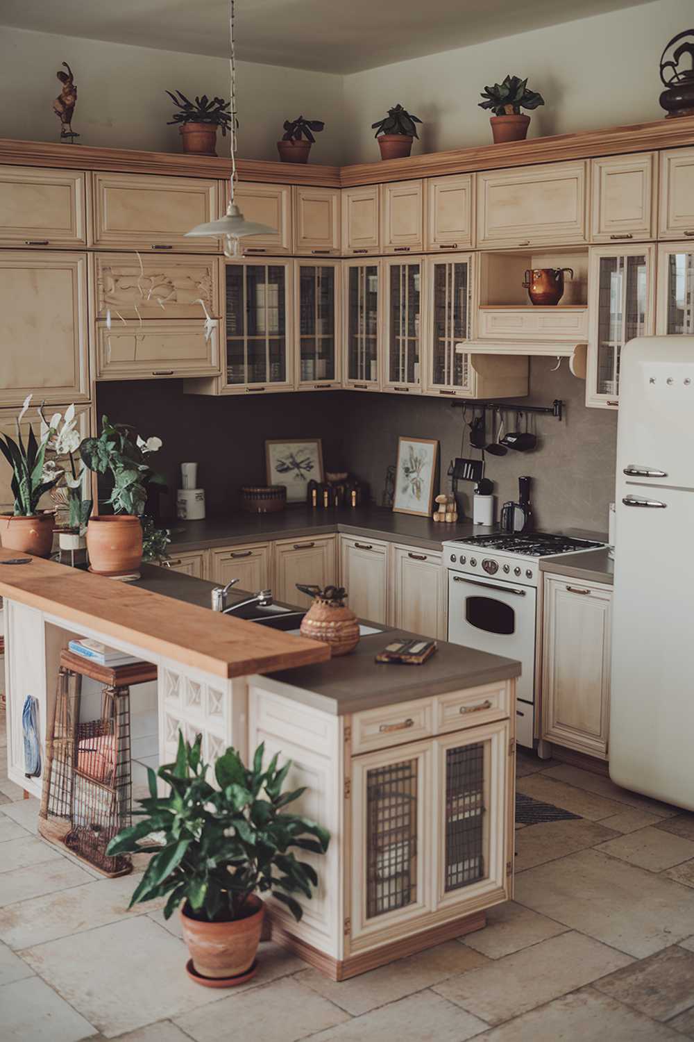 A minimalist kitchen with a warm touch. The kitchen has a light wood tone for the cabinets and island, with a few potted plants and a few pieces of decorative art. There is a white oven and a white refrigerator. The countertops are made of a dark grey material. The floor is made of large beige tiles. There is a pendant light hanging above the island.