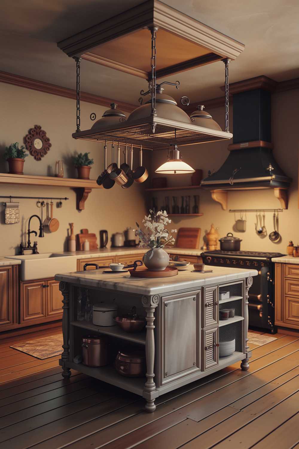 A minimalist kitchen with a warm touch. The kitchen has a wooden floor and is equipped with a large island with a marble countertop. The island has a pot rack above it and is illuminated by a pendant light. There is a sink with a faucet on the left side and a range hood on the right side. The wall behind the island has a wooden shelf and a few potted plants. The cabinets are a warm grey color and have a few decorative items. The overall room has warm lighting.