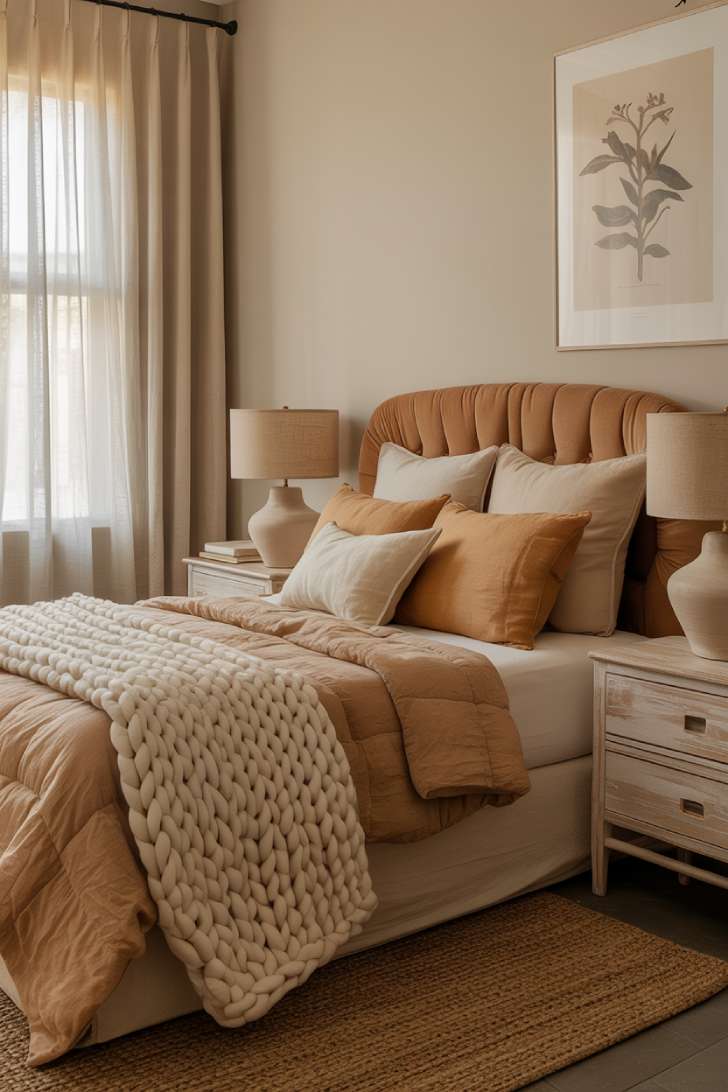 A serene primary bedroom with warm ivory linen curtains, chunky cream throw, and oat-toned pillowcases on a tufted greige velvet headboard