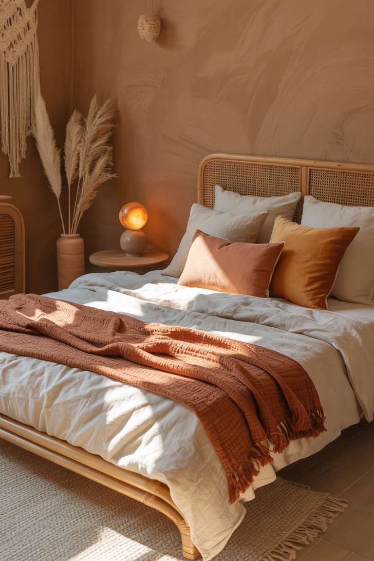 A cozy guest bedroom with a rattan bed frame, terracotta rust throw, and clay plaster walls in warm sand tones