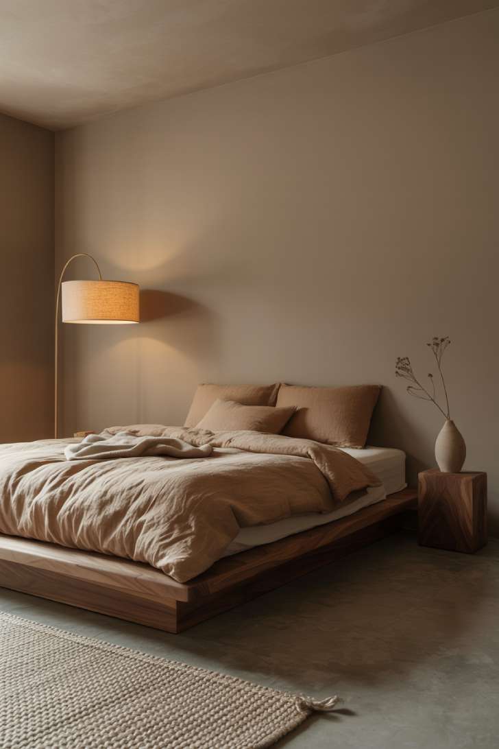 A minimalist Japandi bedroom with a low walnut platform bed, warm taupe walls, and arched brass floor lamp