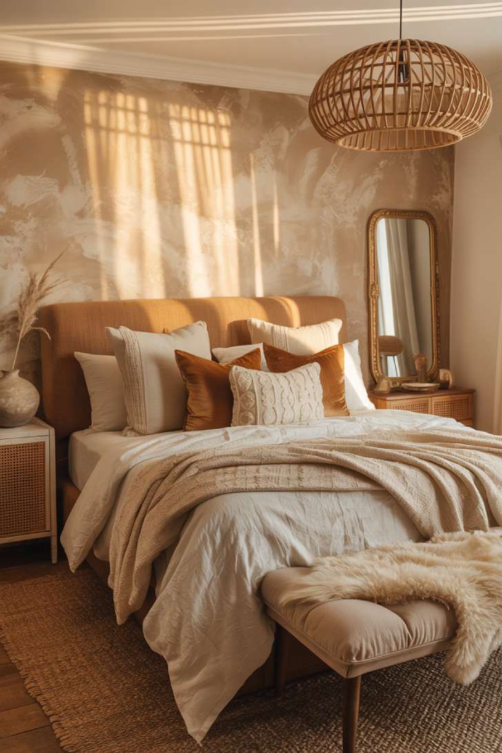 A richly layered bedroom with a linen headboard, boucle and velvet pillows, and a rattan pendant light casting warm patterned shadows