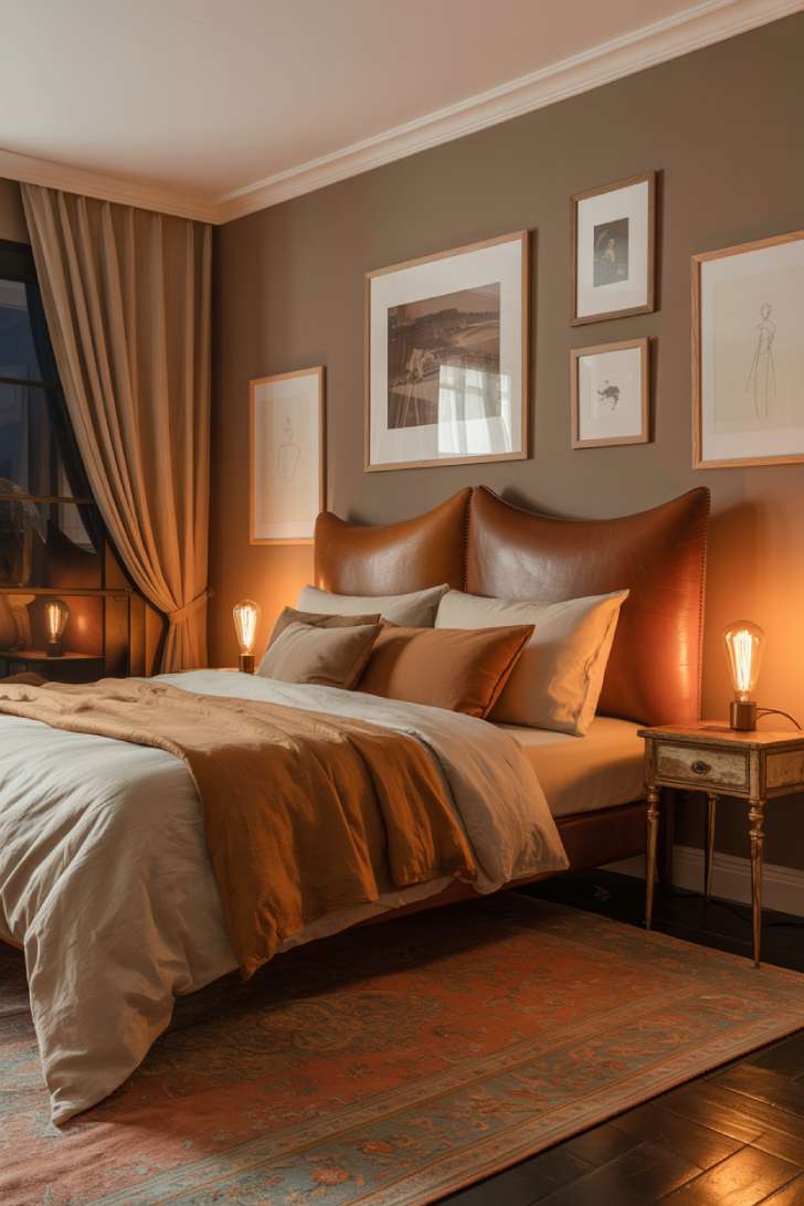 A moody bedroom with a cognac leather headboard, antique brass nightstands, Edison-style lamps, and a vintage Persian rug in terracotta and gold tones